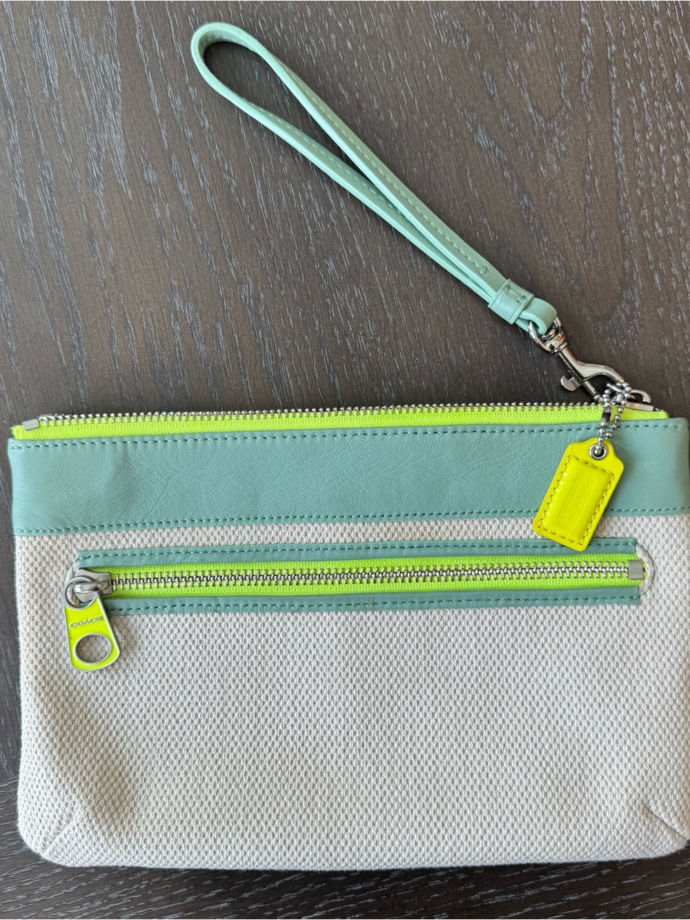 Coach Weekend Beach Canvas Wristlet Mint & Neon Yellow